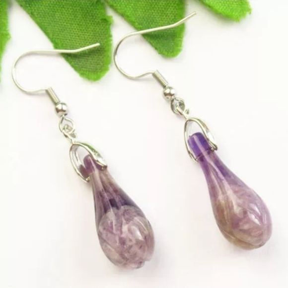 Jewelry - 1 Pair Amethyst Natural Gemstone Bud Flower Carved Bead Gold Tone Earrings NEW